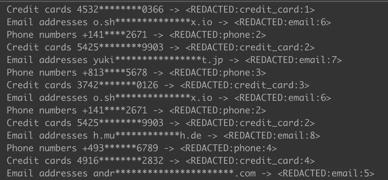 Credit cards, emails, phone numbers detected and redacted