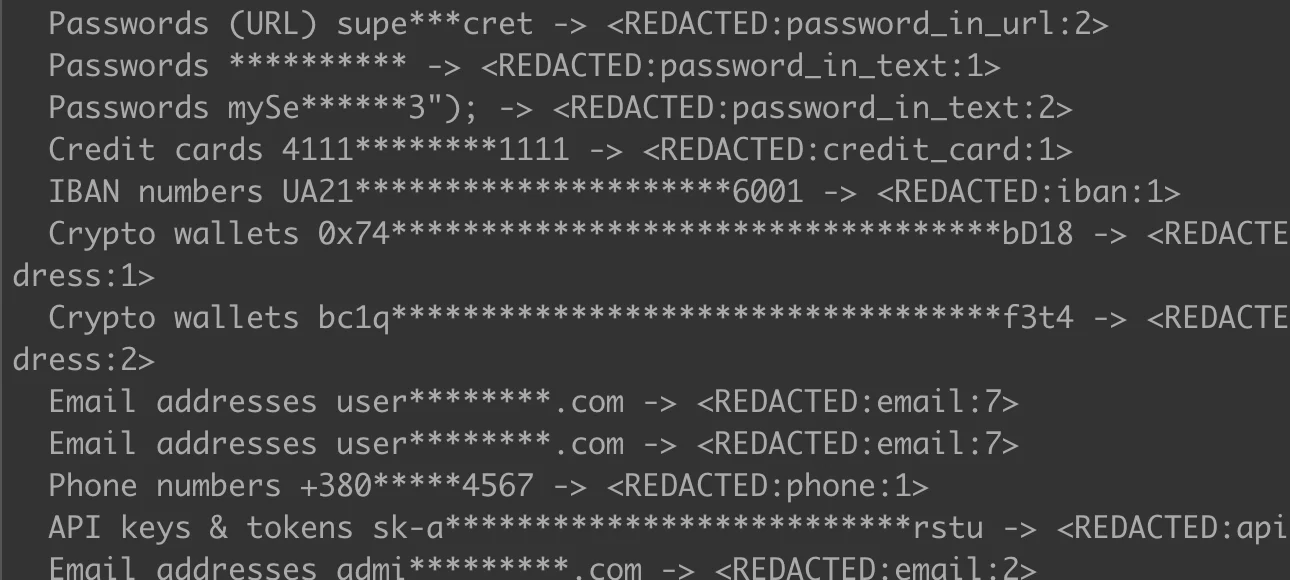 API keys, JWT tokens, passwords, crypto wallets detected and redacted