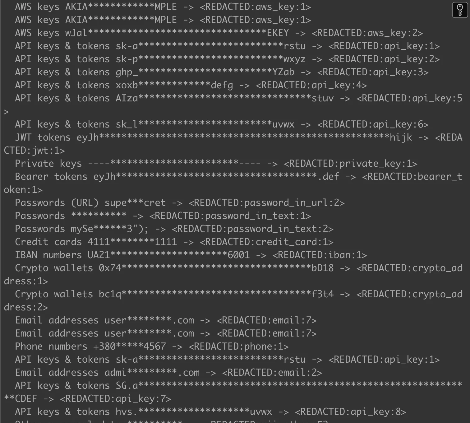 API keys, JWT tokens, passwords, crypto wallets detected and redacted