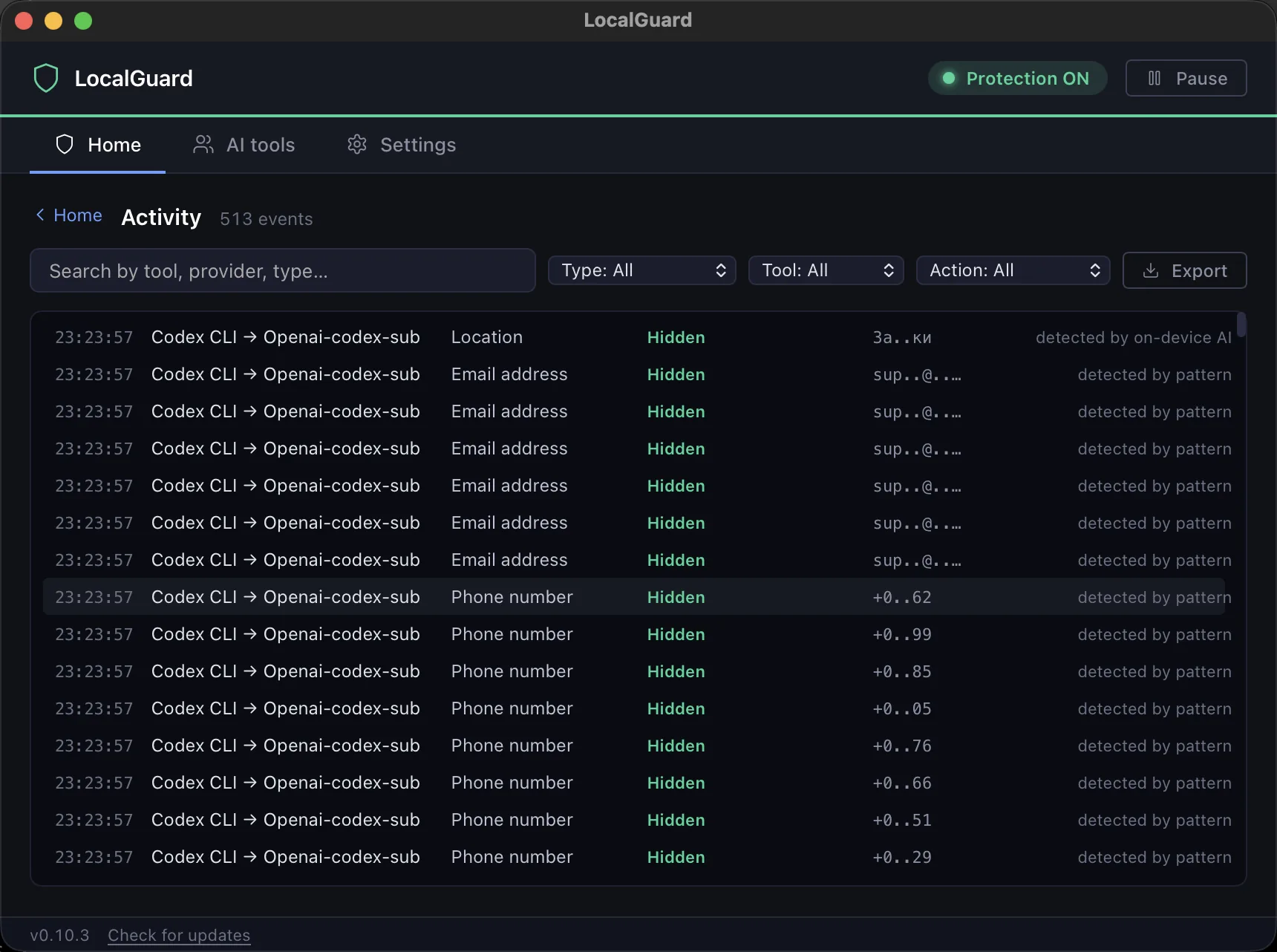 LocalGuard Activity log: every event with time, tool and provider, data type, action, masked value and how it was detected, with search, filters and export.