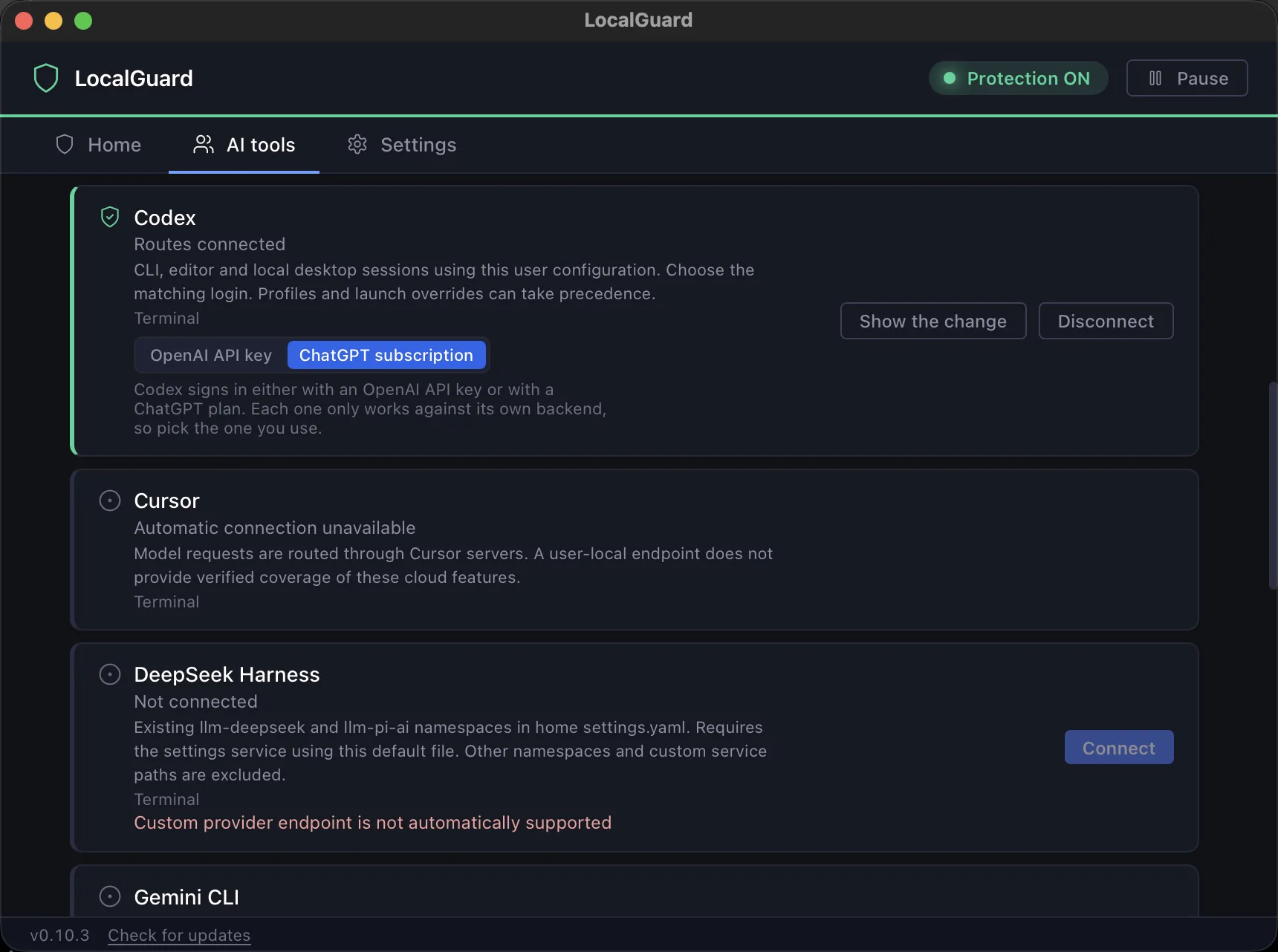 LocalGuard AI tools tab: Codex connected with Show the change and Disconnect buttons, Cursor marked automatic connection unavailable, DeepSeek Harness not connected.