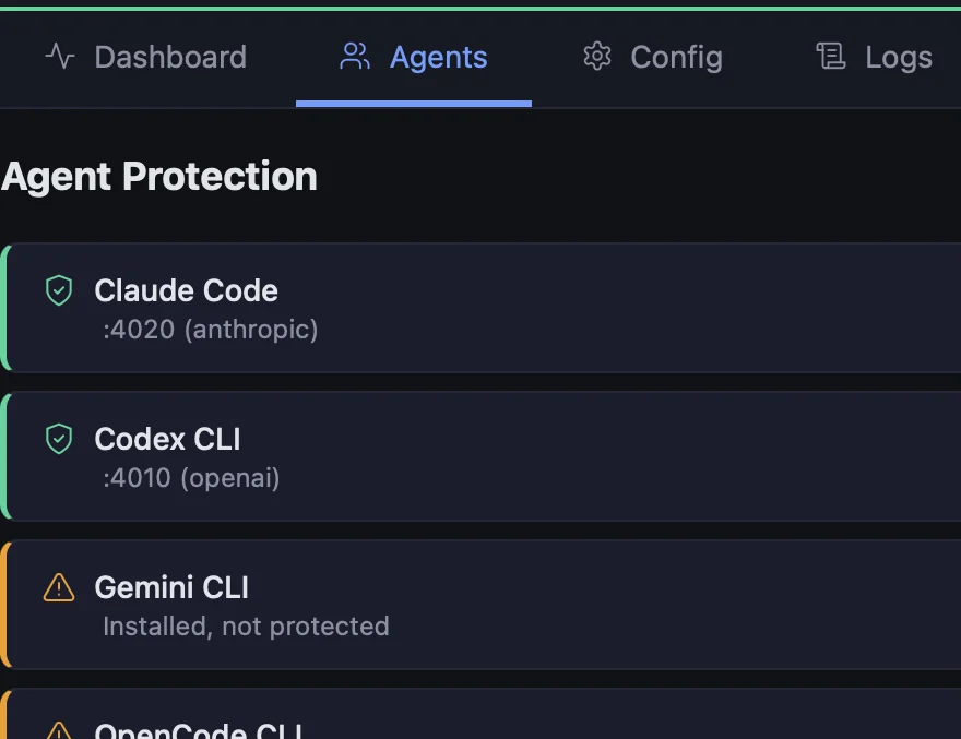 LocalGuard Agents tab: Claude Code and Codex CLI protected; Gemini CLI, OpenCode, Aider and Crush installed but not yet configured.