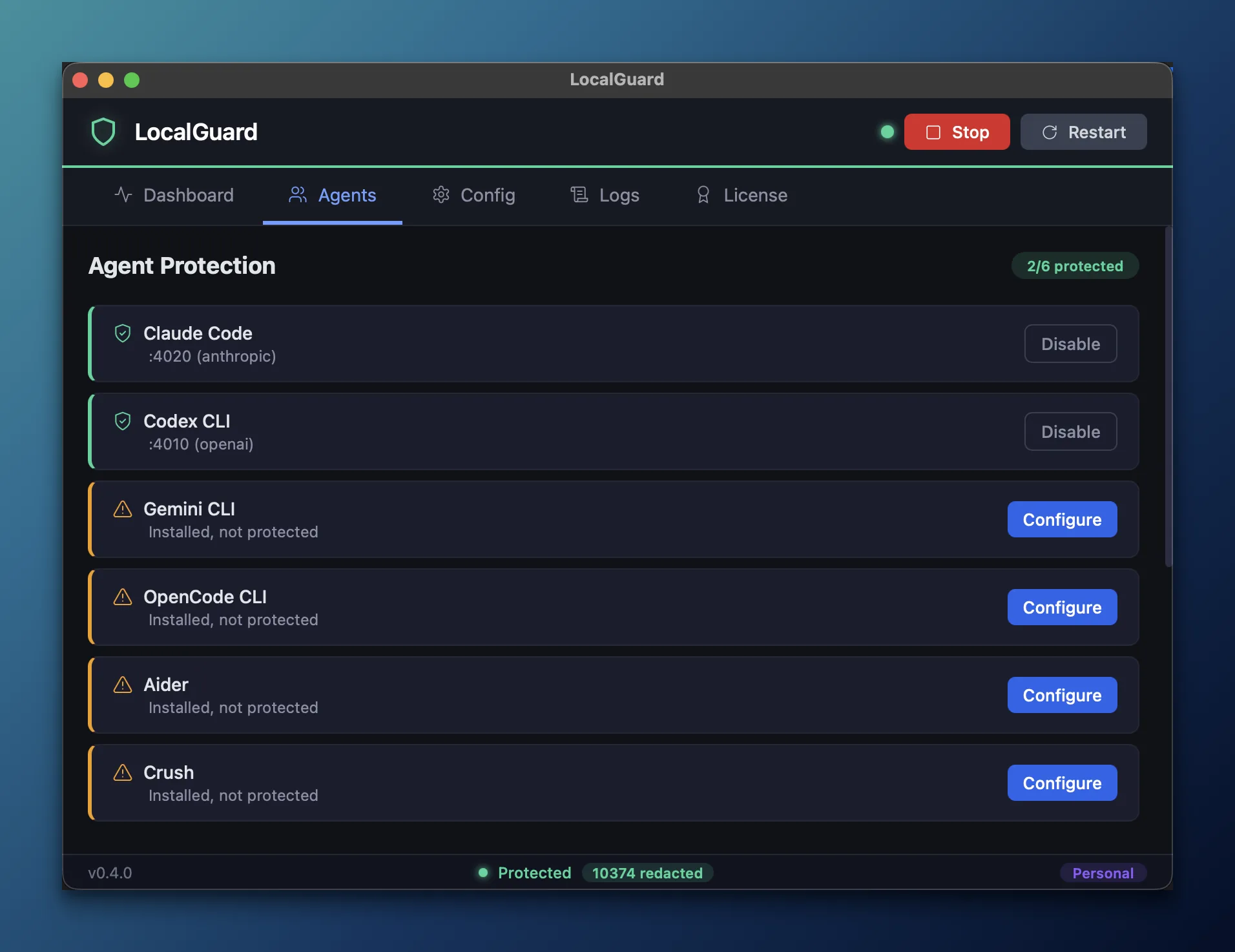 LocalGuard Agents tab listing Claude Code and Codex CLI as protected, and Gemini CLI, OpenCode, Aider, Crush as installed but not yet configured.