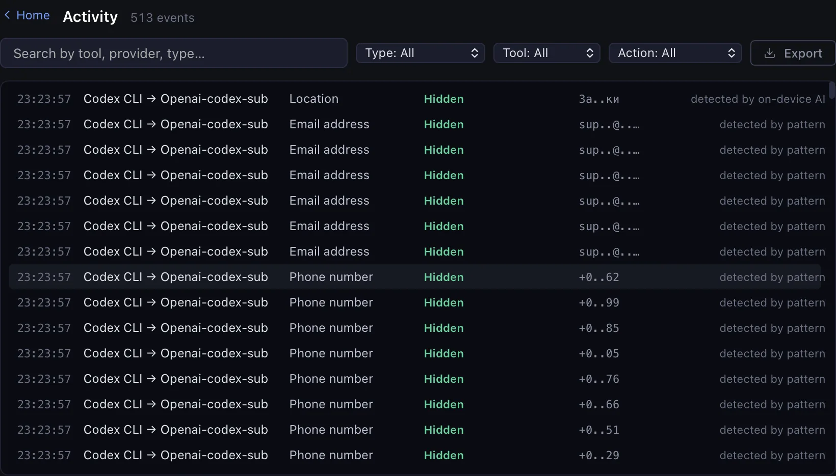 LocalGuard Activity log with 513 events: time, tool and provider, type, action Hidden, masked value, and detected by pattern or by on-device AI