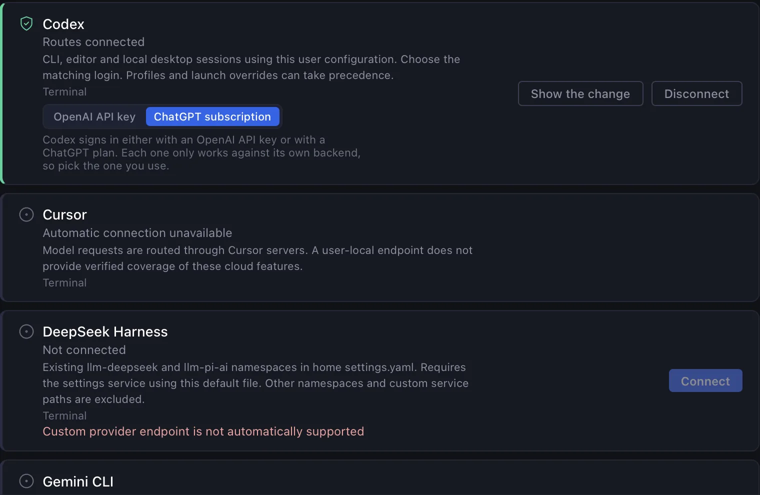 LocalGuard AI tools: Codex connected with Show the change and Disconnect buttons, Cursor marked automatic connection unavailable, DeepSeek Harness not connected