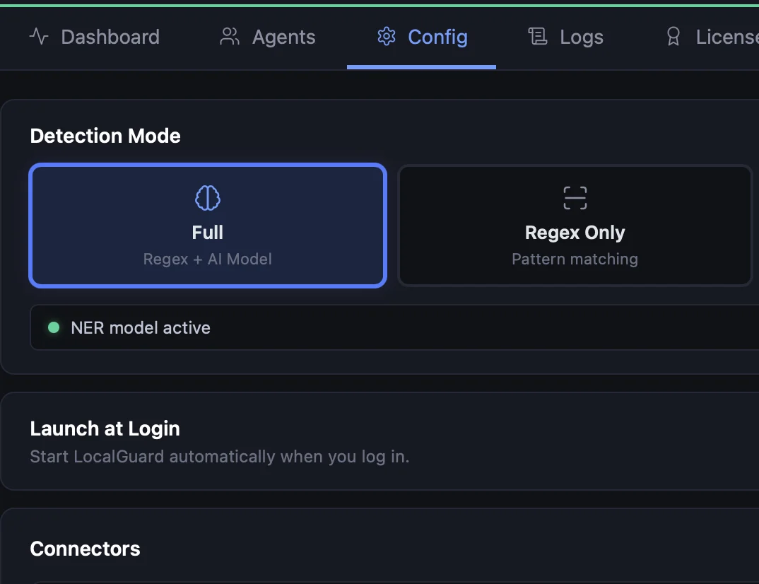 LocalGuard Config tab: detection mode Full / Regex Only / Off, launch at login, and the connector list.