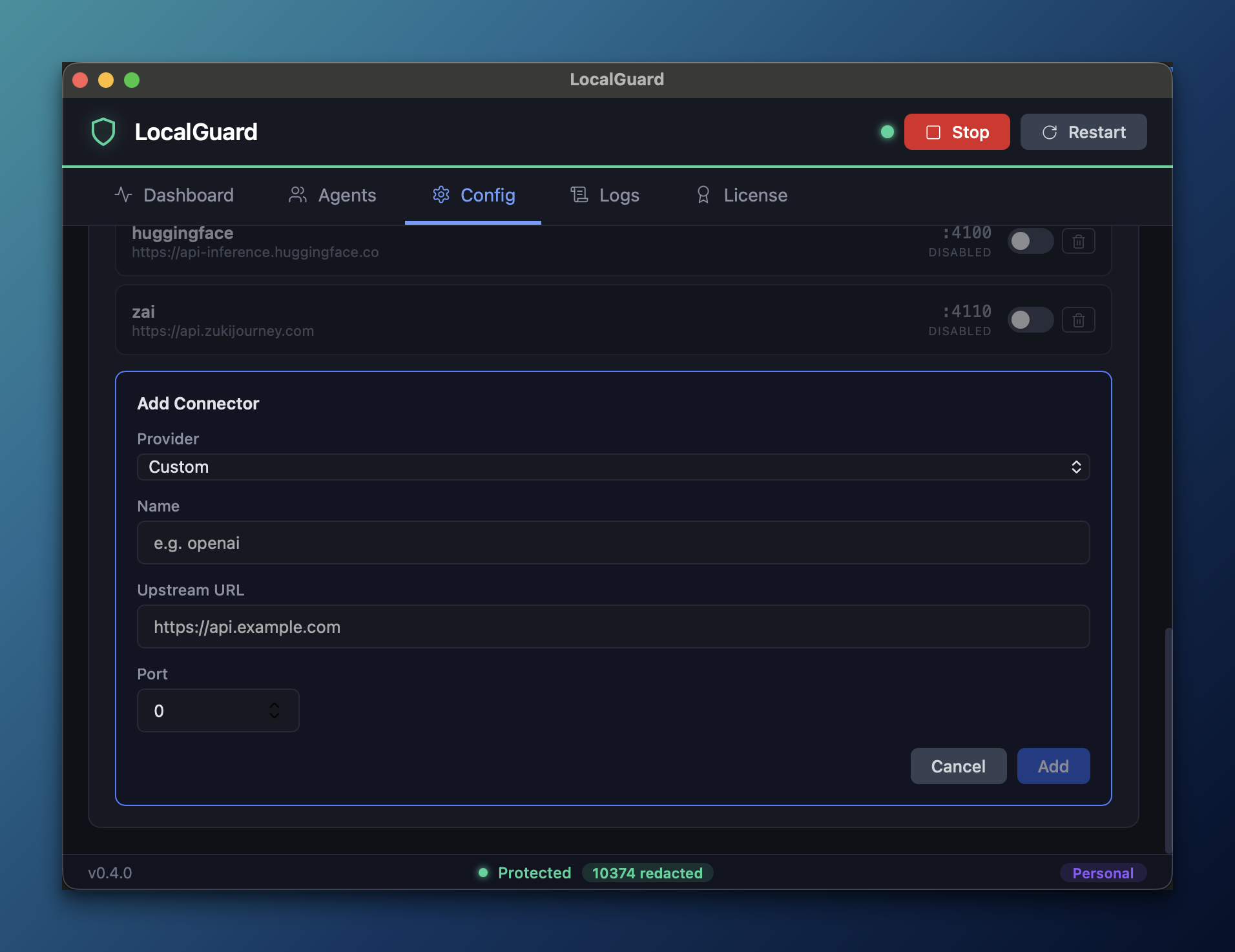 LocalGuard Add Connector modal: Provider (Custom dropdown), Name, Upstream URL, Port, Cancel / Add buttons.