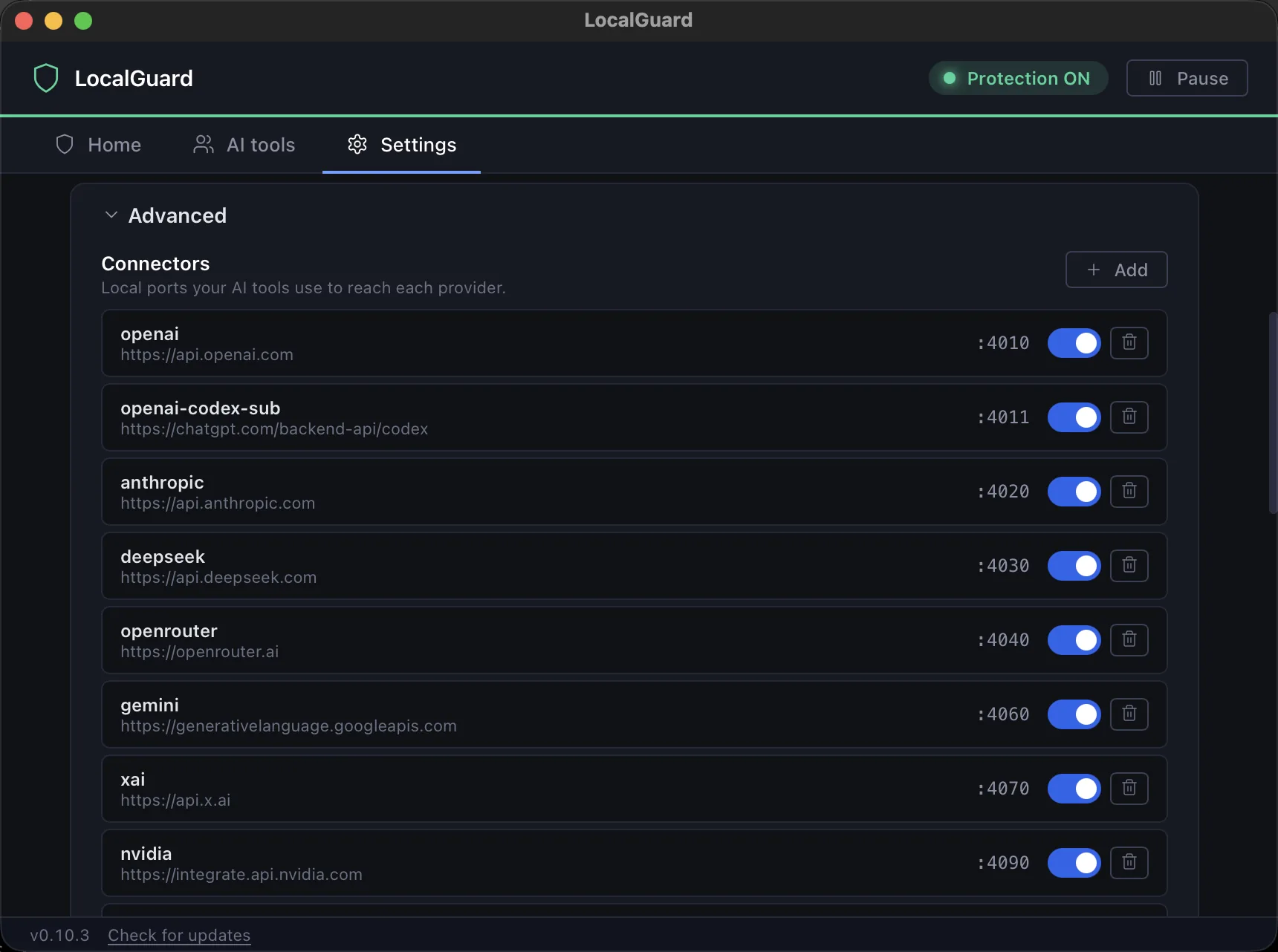 LocalGuard Settings, Advanced, Connectors: openai, anthropic, deepseek and other providers, each with a local port, an on/off switch and a delete button