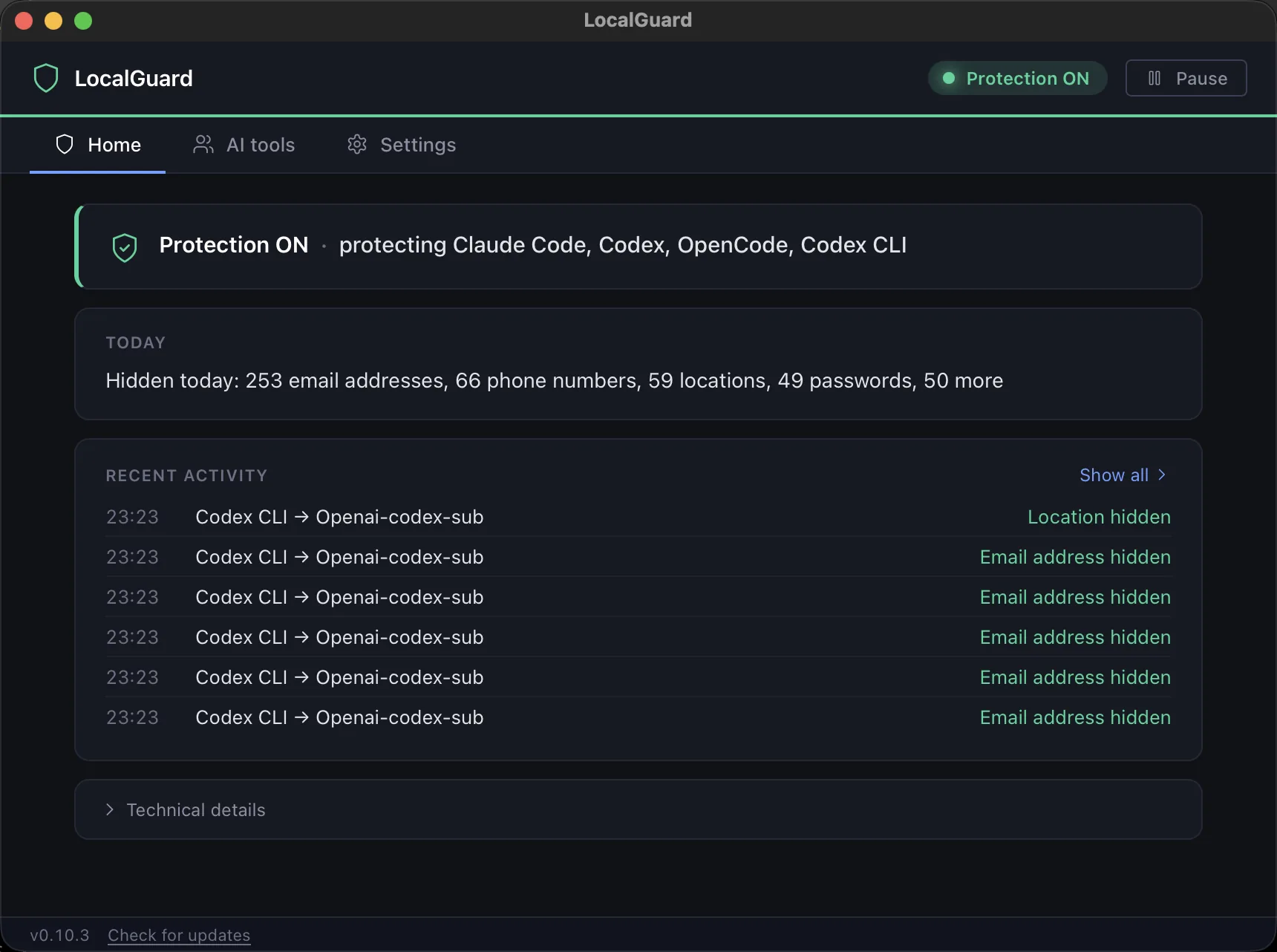 LocalGuard Home with Protection ON for Claude Code, Codex and OpenCode: totals hidden today and the latest hidden items by tool and provider