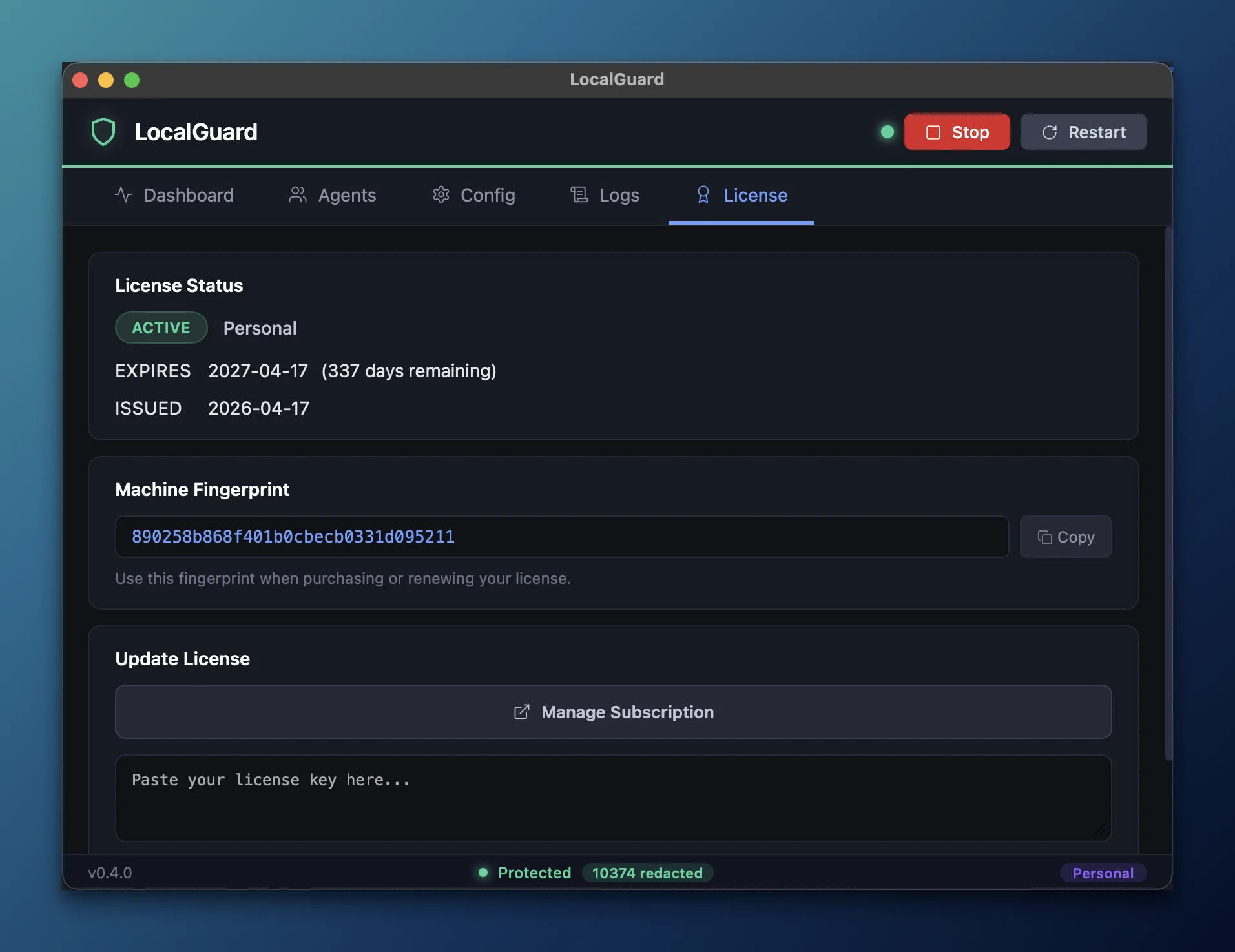LocalGuard License tab: ACTIVE Personal status, expires 2027-04-17, machine fingerprint, Manage Subscription button, paste-key field.