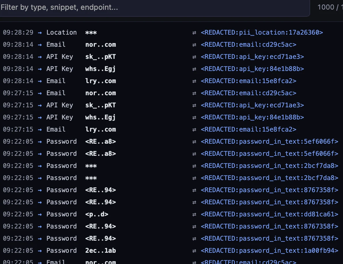 LocalGuard Logs tab: per-event redaction rows with timestamp, original snippet, placeholder and upstream provider.