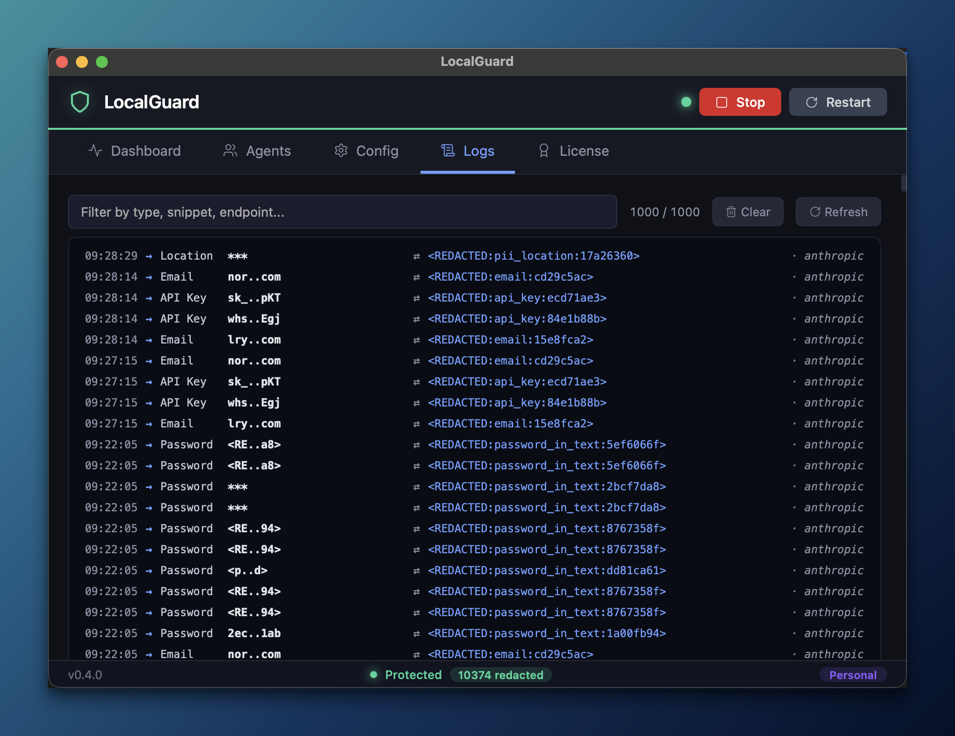 LocalGuard Logs tab showing per-event redaction entries with timestamps, original snippet, placeholder, and upstream provider.