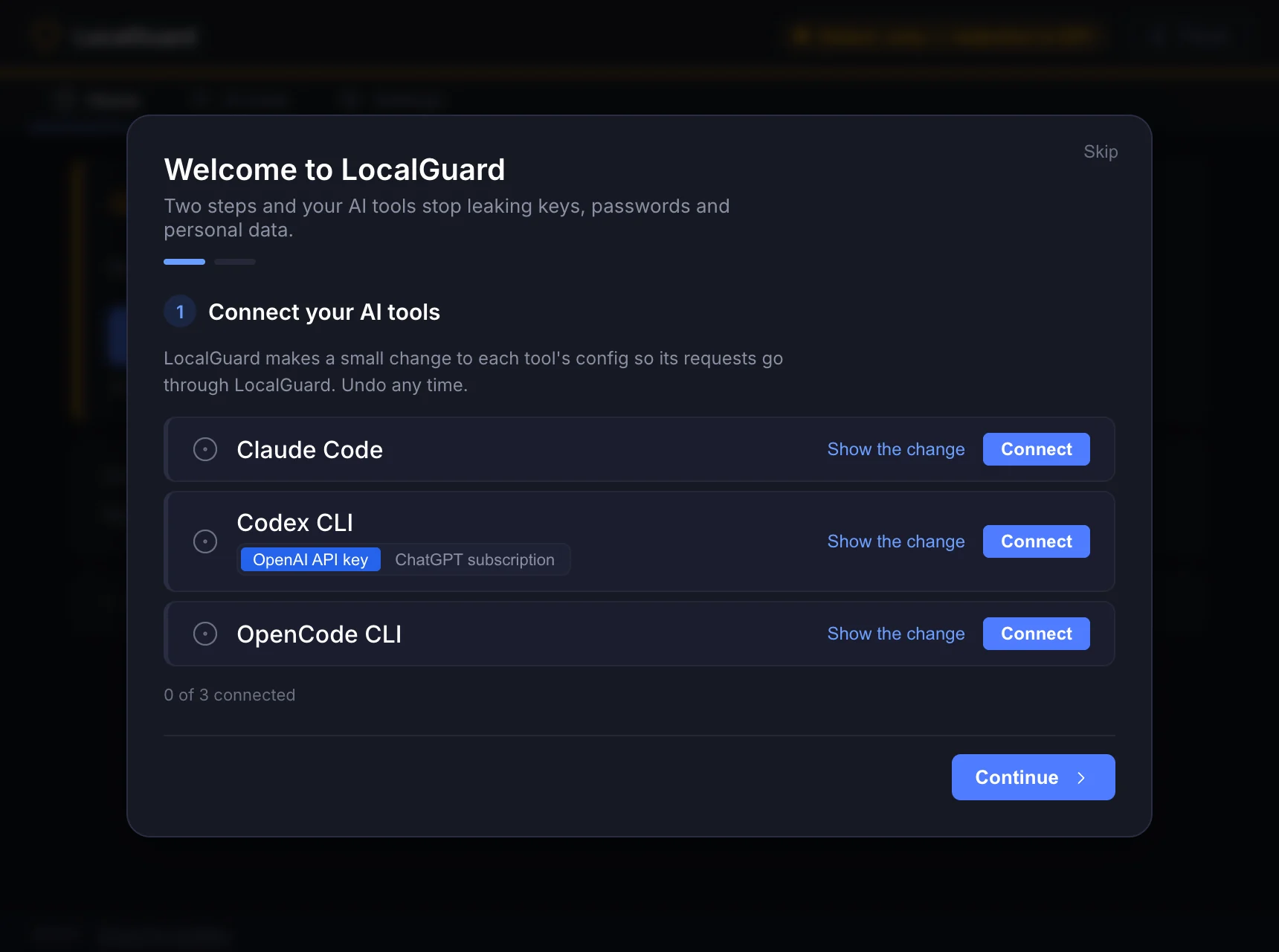 LocalGuard first-run window: step 1 of 2, Connect your AI tools, with Claude Code and Codex CLI detected and a Connect button next to each.