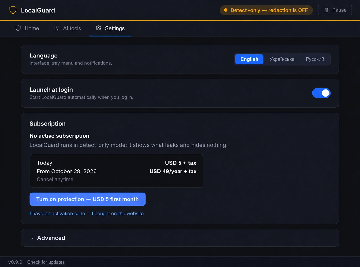 LocalGuard Settings, Subscription section: today USD 5 + tax, from next month USD 49/year + tax, cancel anytime, and a Turn on protection button.